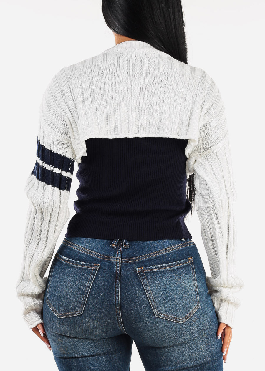 Long Sleeve Varsity Crop Knit Sweater White