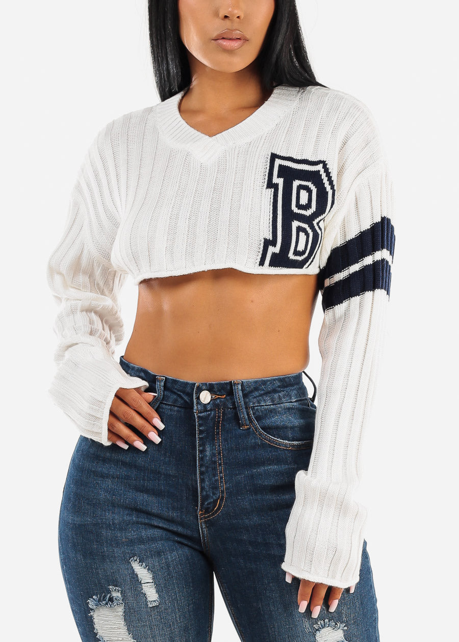 Long Sleeve Varsity Crop Knit Sweater White