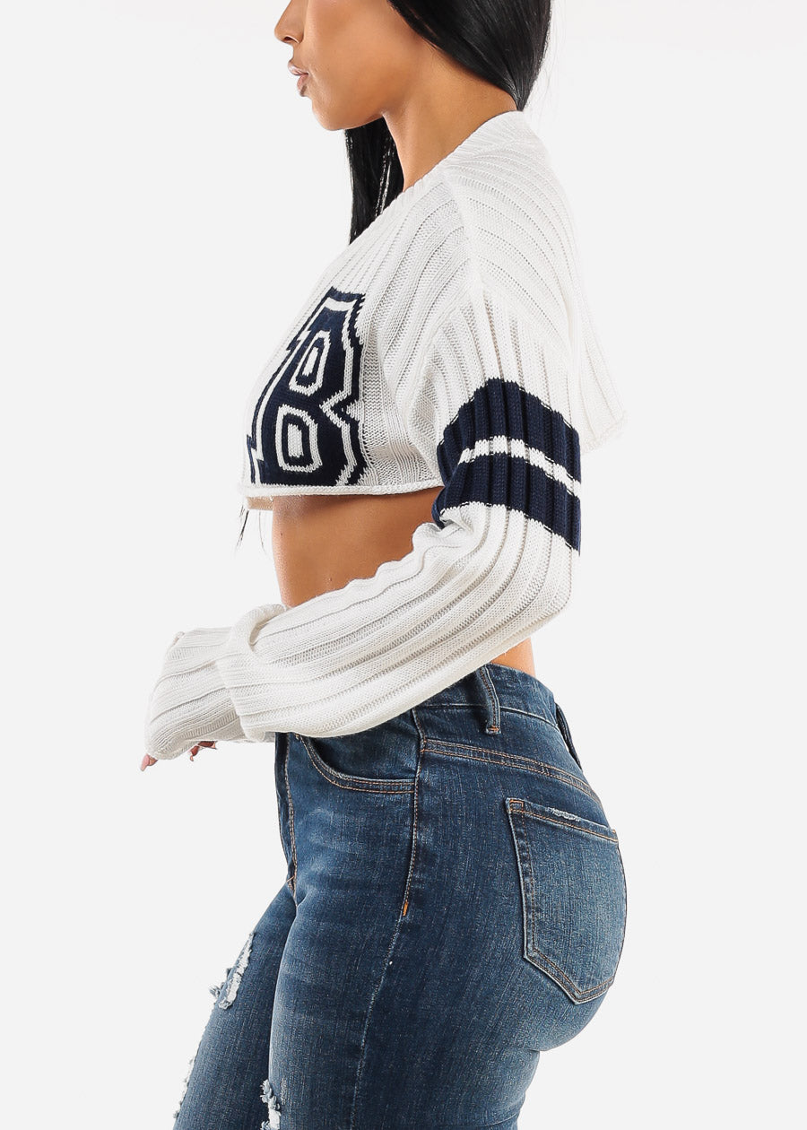 Long Sleeve Varsity Crop Knit Sweater White