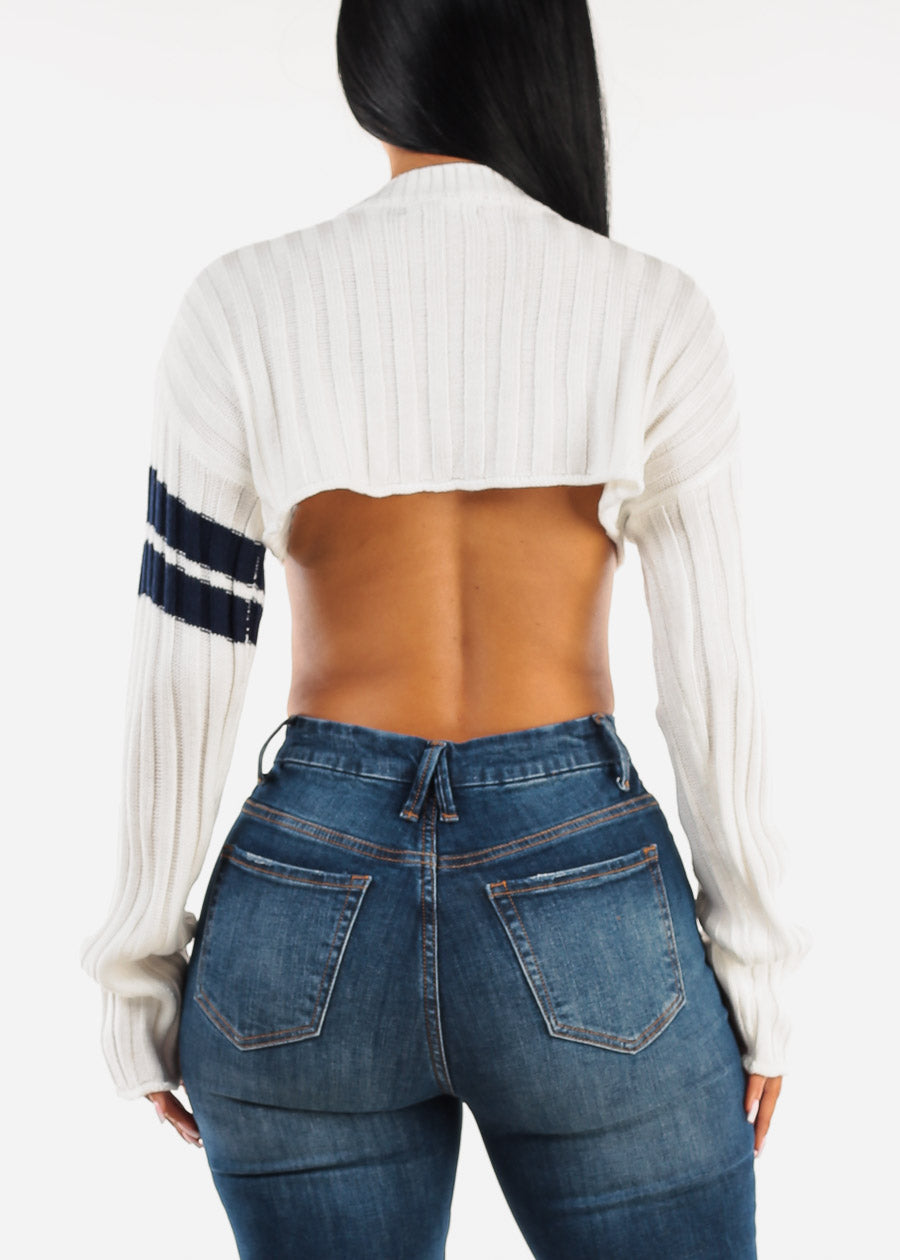 Long Sleeve Varsity Crop Knit Sweater White