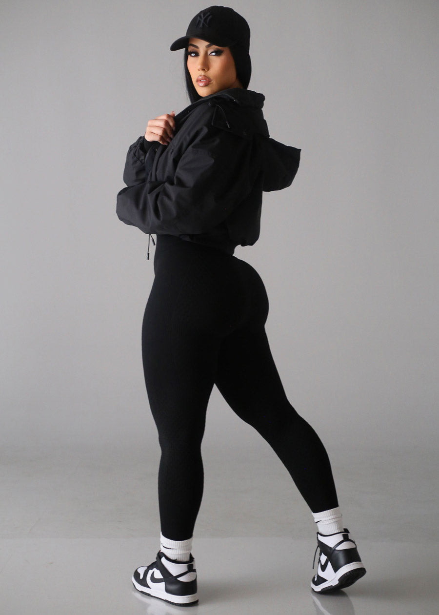 Textured Zip Up Jacket & Leggings Black (2 PCE SET)