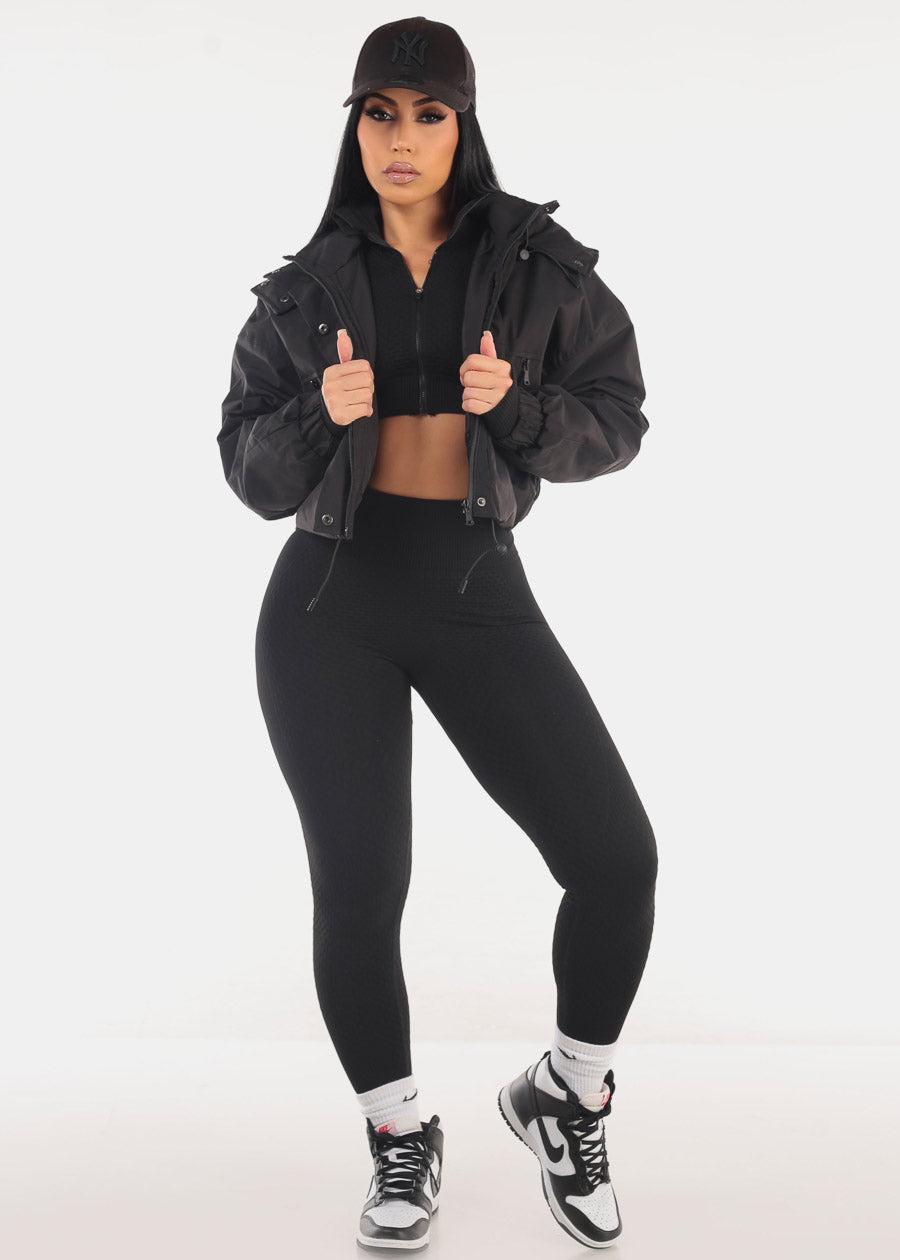 Textured Zip Up Jacket & Leggings Black (2 PCE SET)