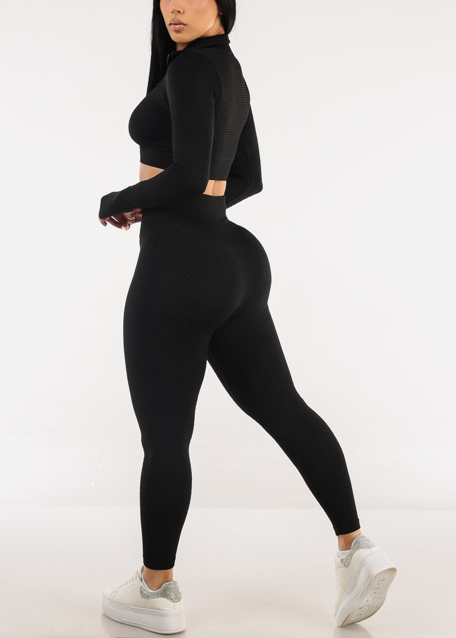 Textured Zip Up Jacket & Leggings Black (2 PCE SET)