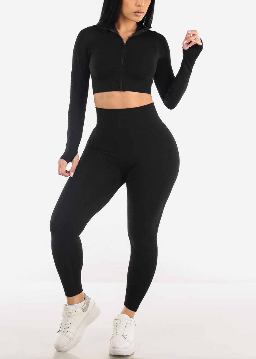 Textured Zip Up Jacket & Leggings Black (2 PCE SET)