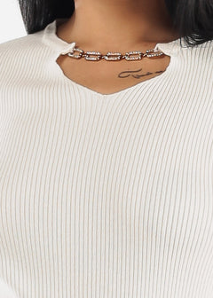 Long Sleeve White V-Neck Sweater Top w Chain Detail