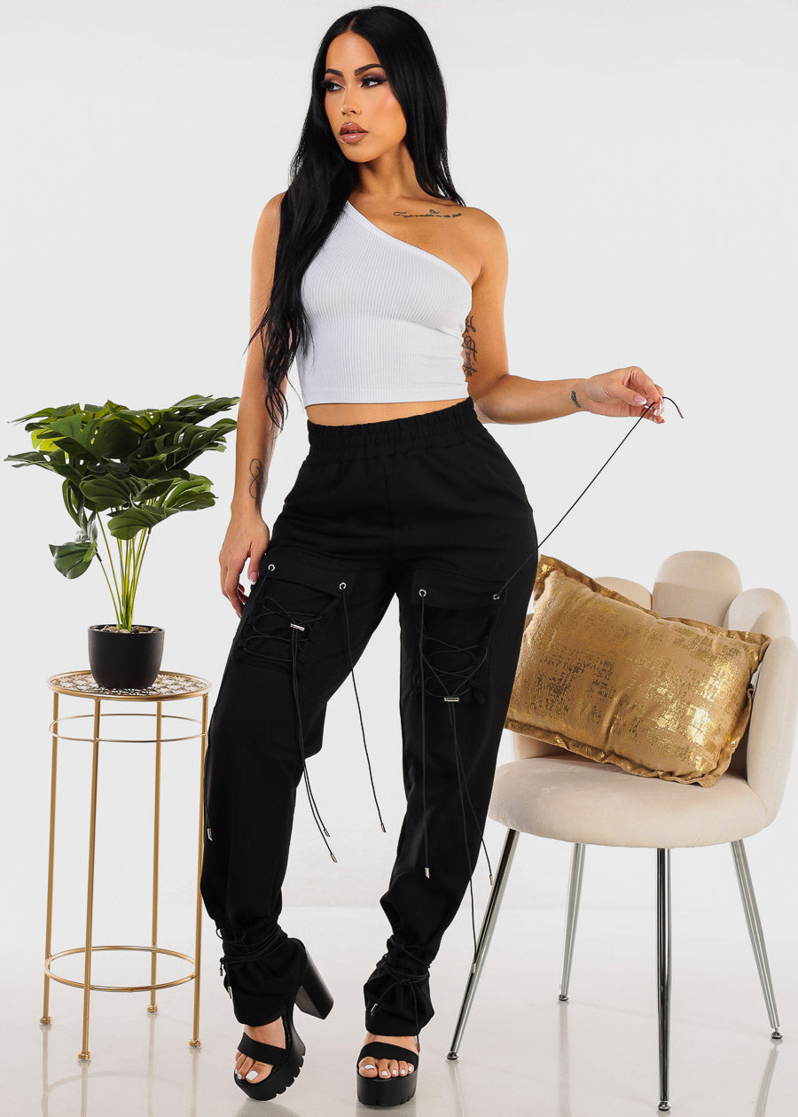 High Waist Black Parachute Lace Up Pants