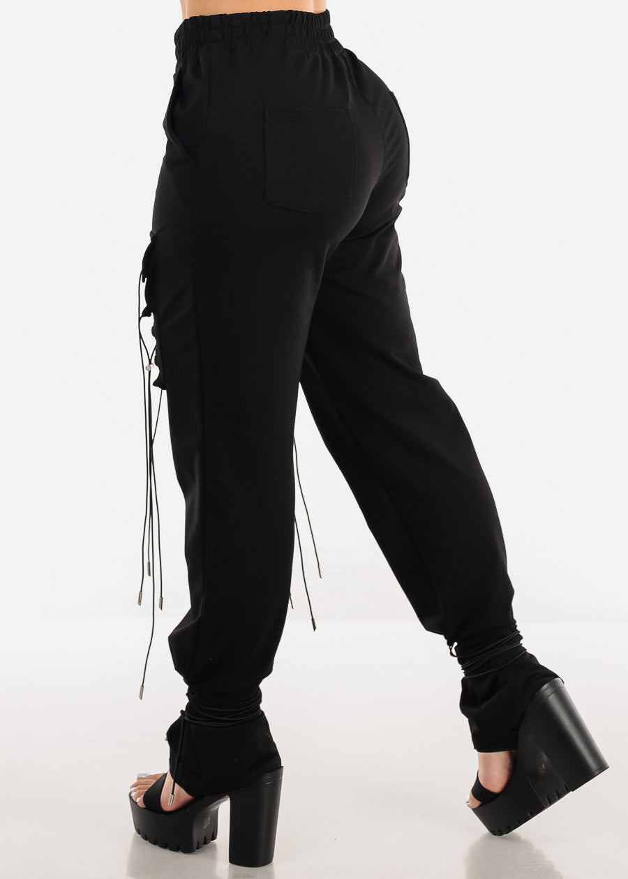 High Waist Black Parachute Lace Up Pants