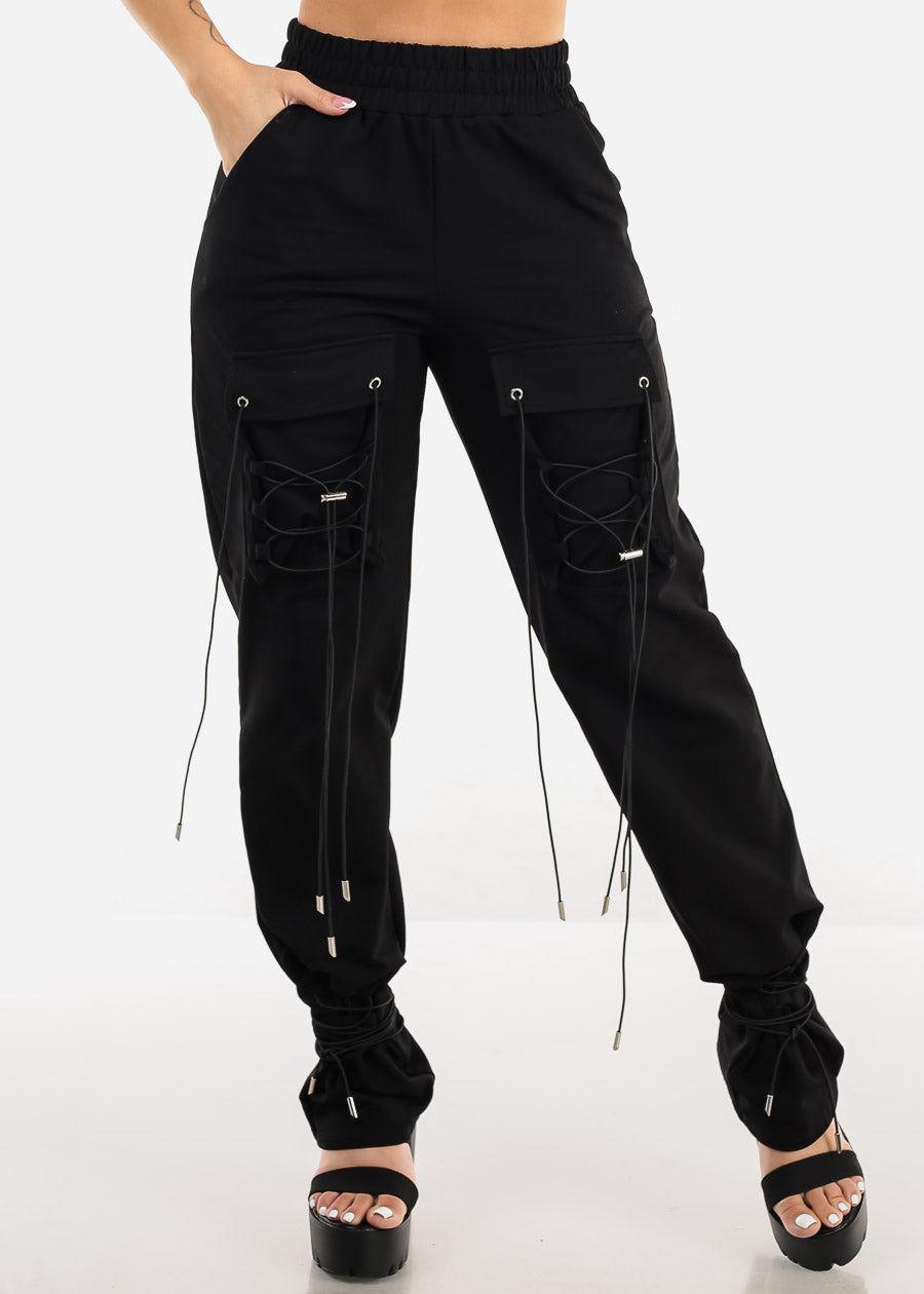 High Waist Black Parachute Lace Up Pants