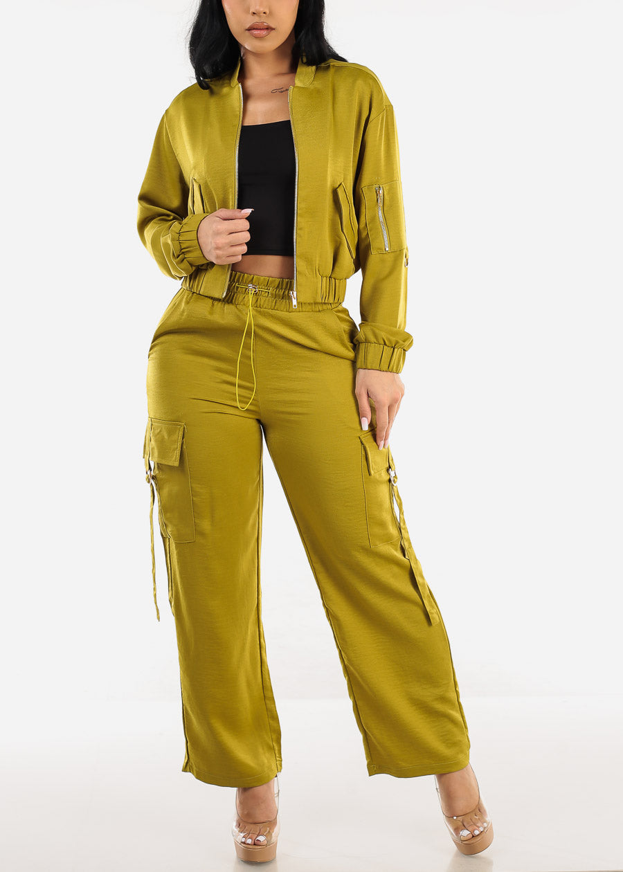 Super High Waist Satin Cargo Pants Lime