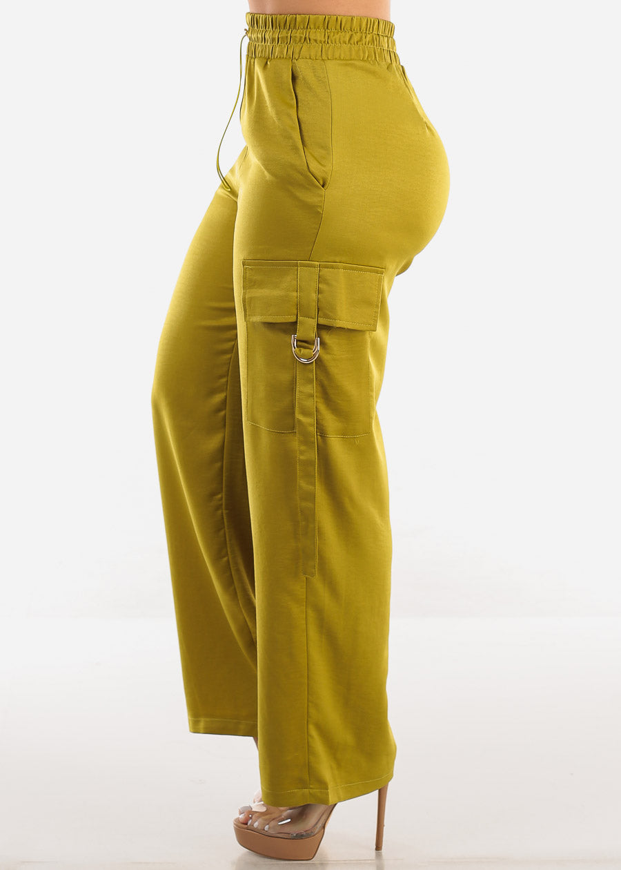 Super High Waist Satin Cargo Pants Lime