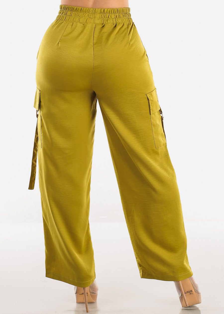 Super High Waist Satin Cargo Pants Lime