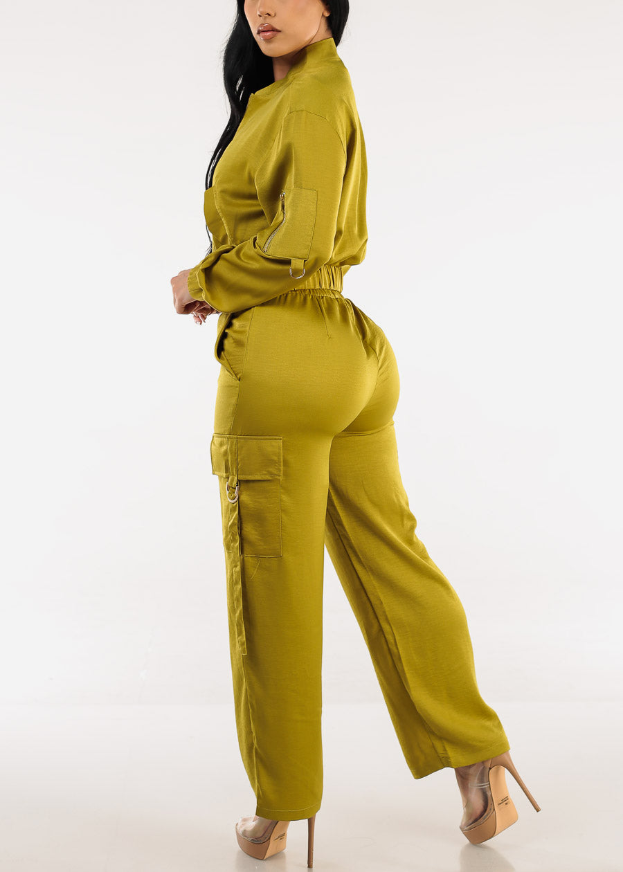 Super High Waist Satin Cargo Pants Lime