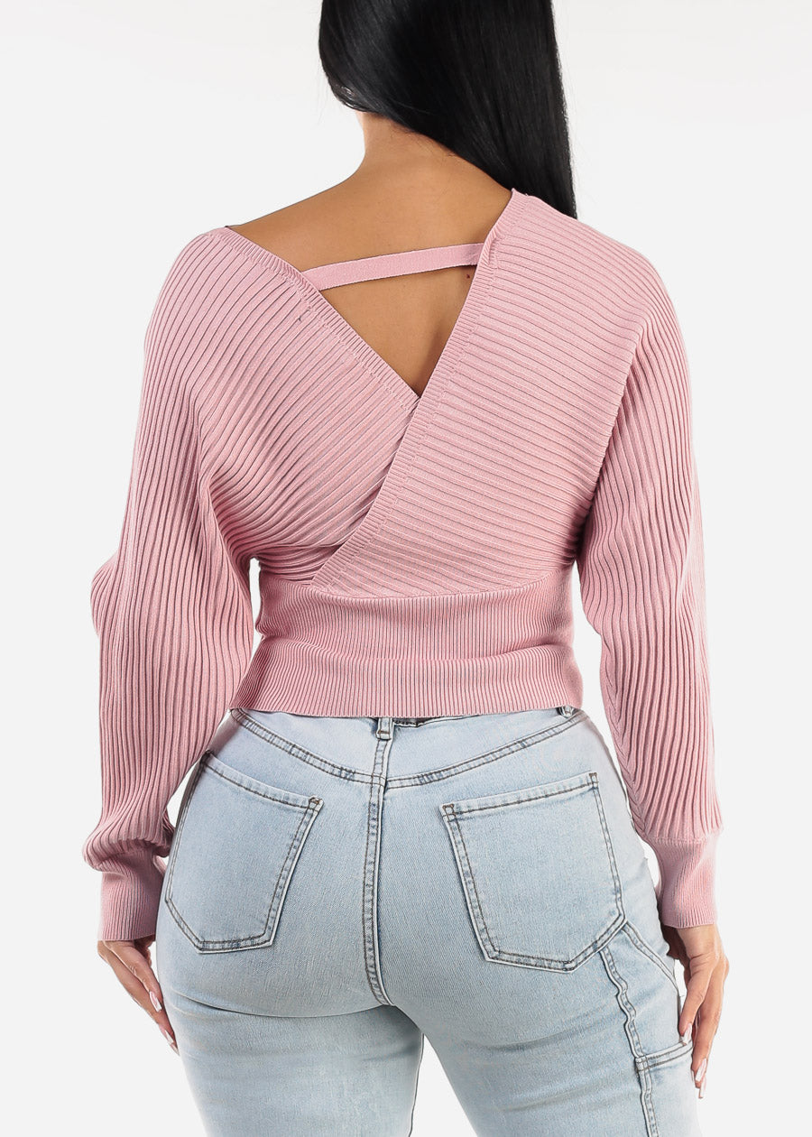 Long Sleeve Surplice Knit Sweater Top Light Pink