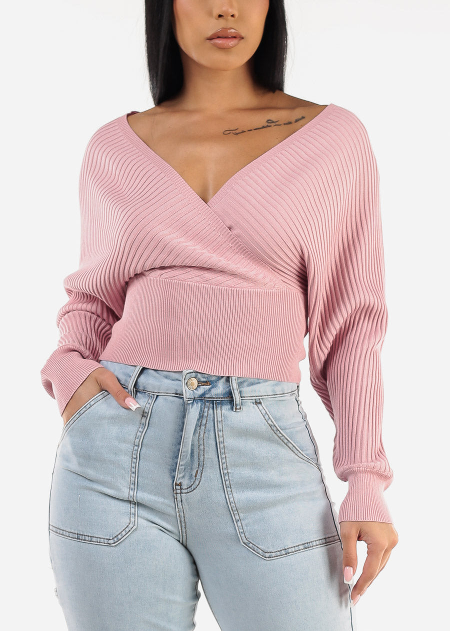 Long Sleeve Surplice Knit Sweater Top Light Pink