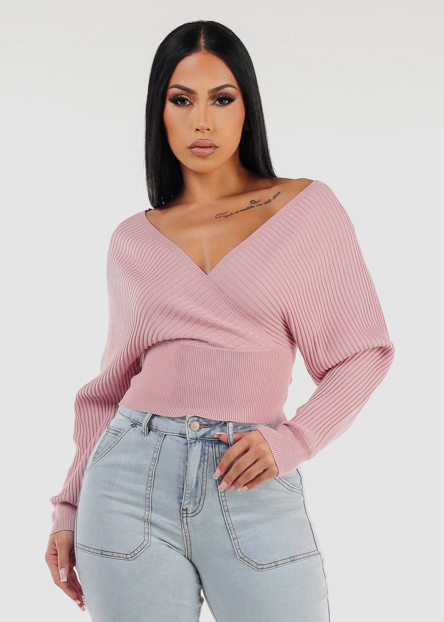 Long Sleeve Surplice Knit Sweater Top Light Pink