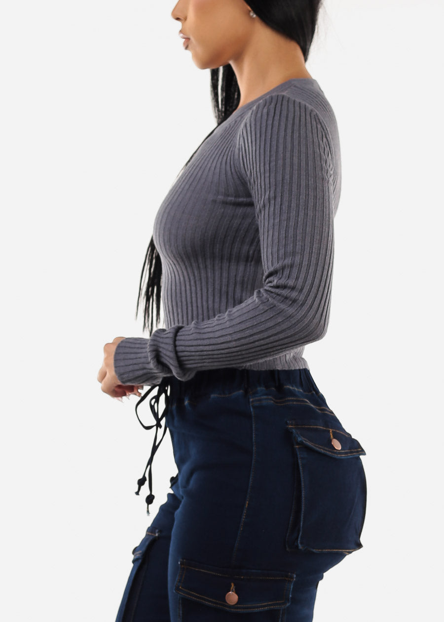 Long Sleeve Ribbed Sweater Top Blue Grey