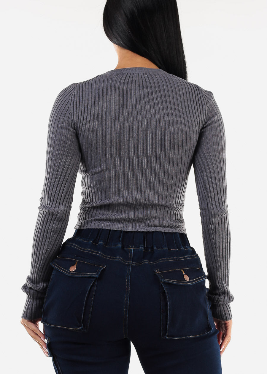 Long Sleeve Ribbed Sweater Top Blue Grey