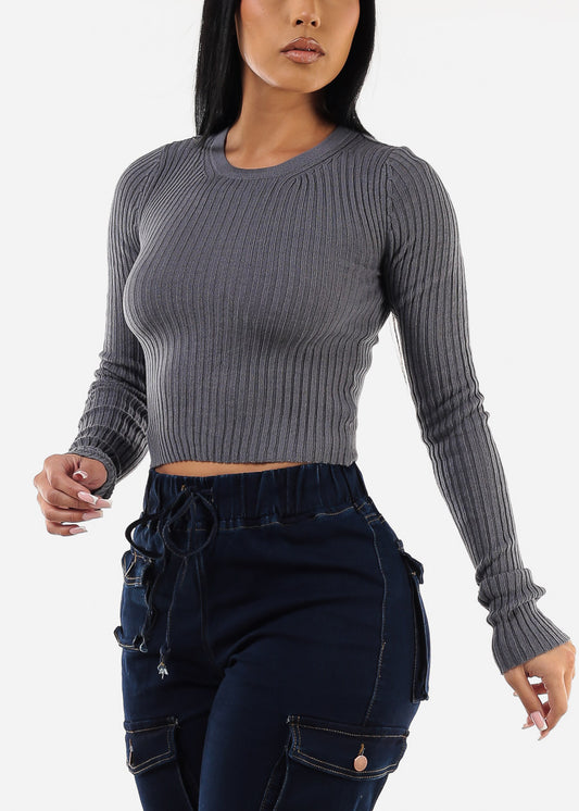 Long Sleeve Ribbed Sweater Top Blue Grey