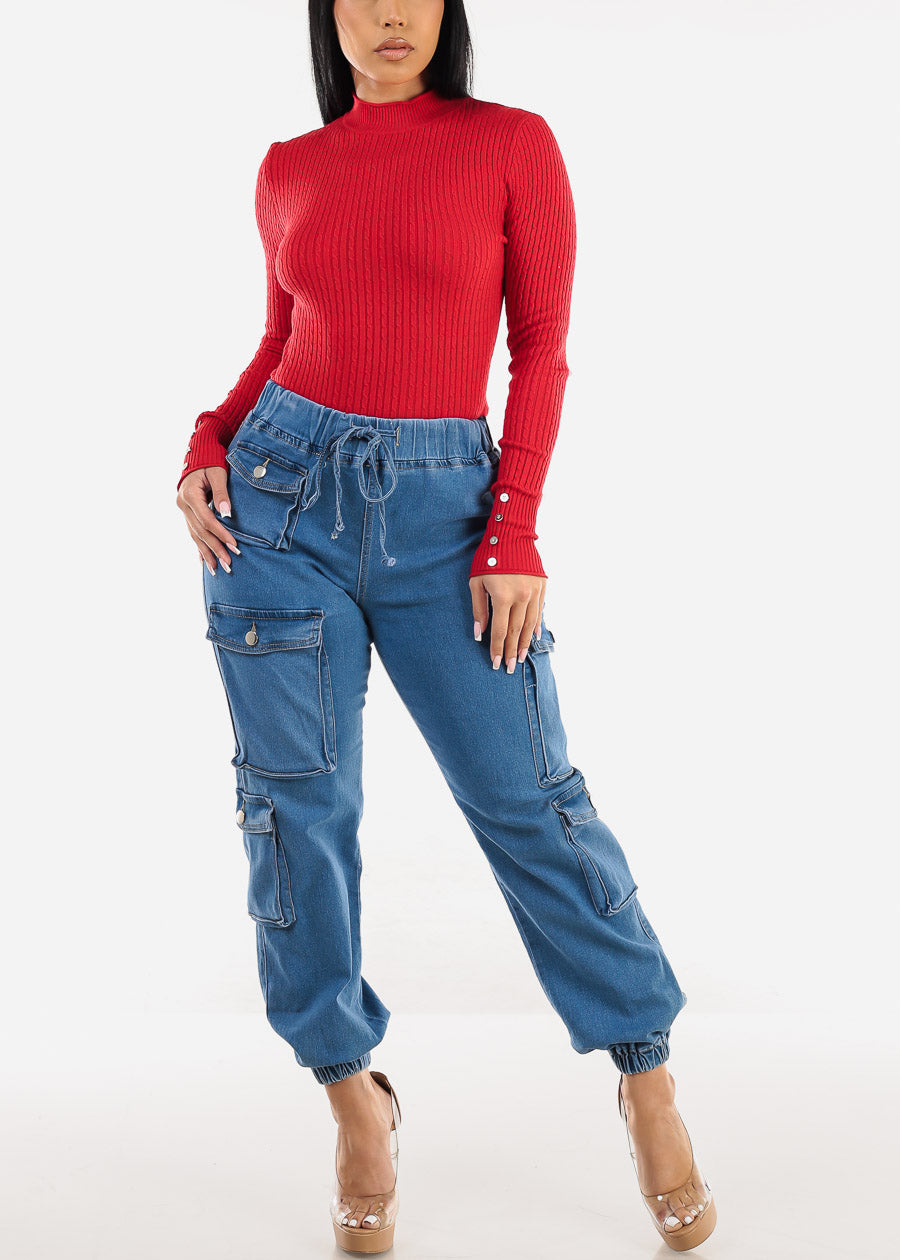 Fitted Long Sleeve Rib Knit Sweater Red