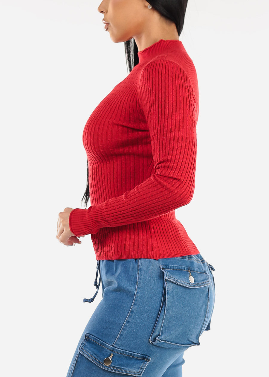 Fitted Long Sleeve Rib Knit Sweater Red