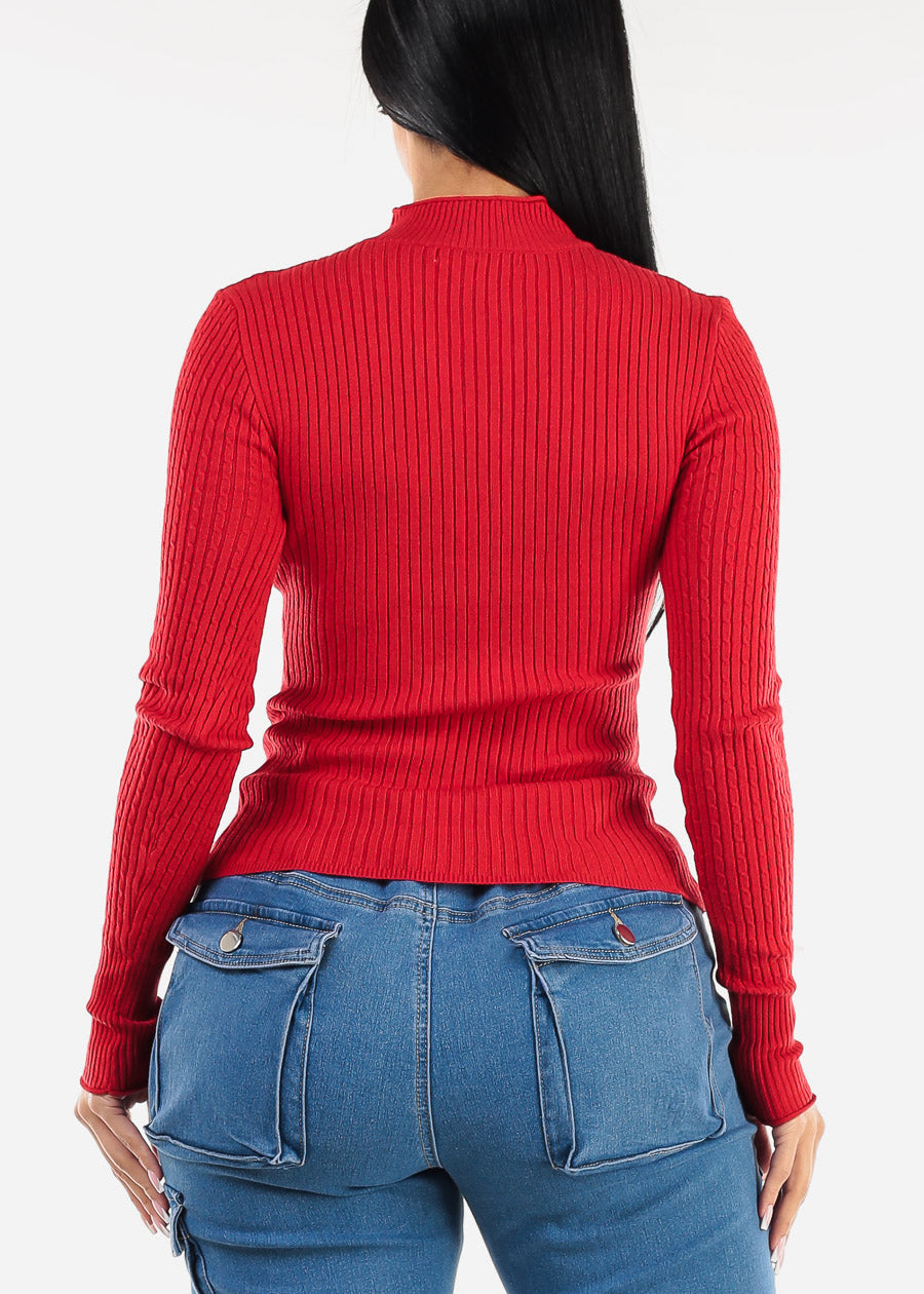 Fitted Long Sleeve Rib Knit Sweater Red