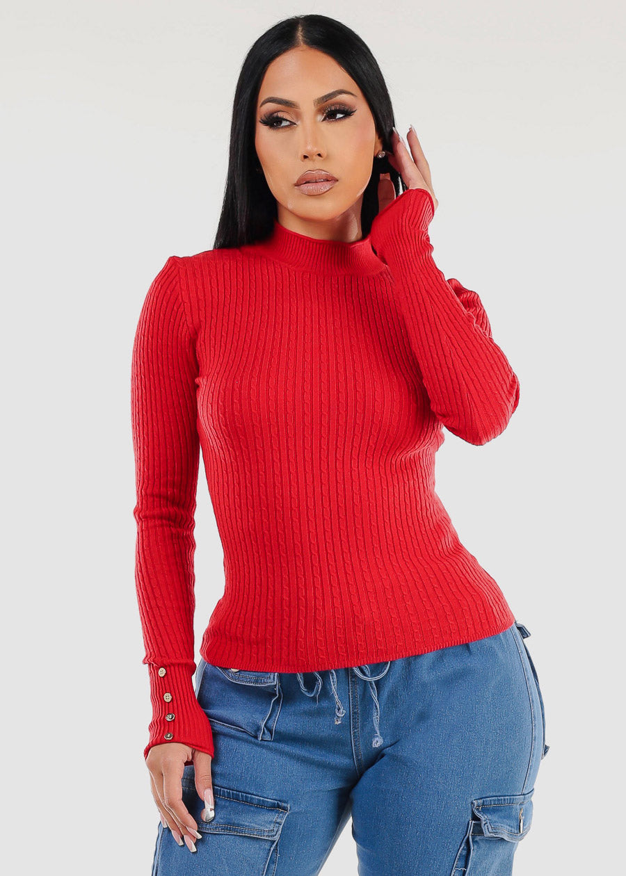 Fitted Long Sleeve Rib Knit Sweater Red