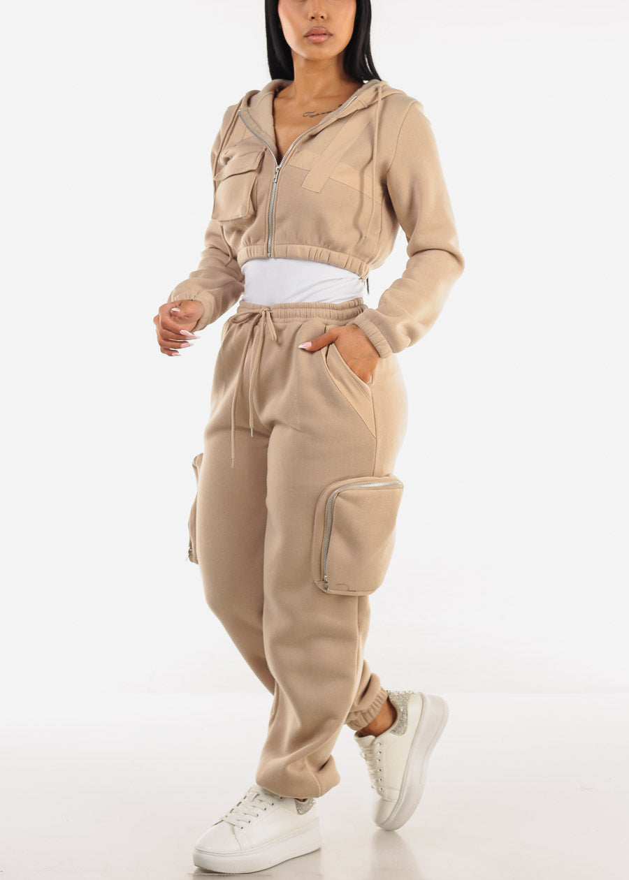 Cropped Zip Up Hoody Beige