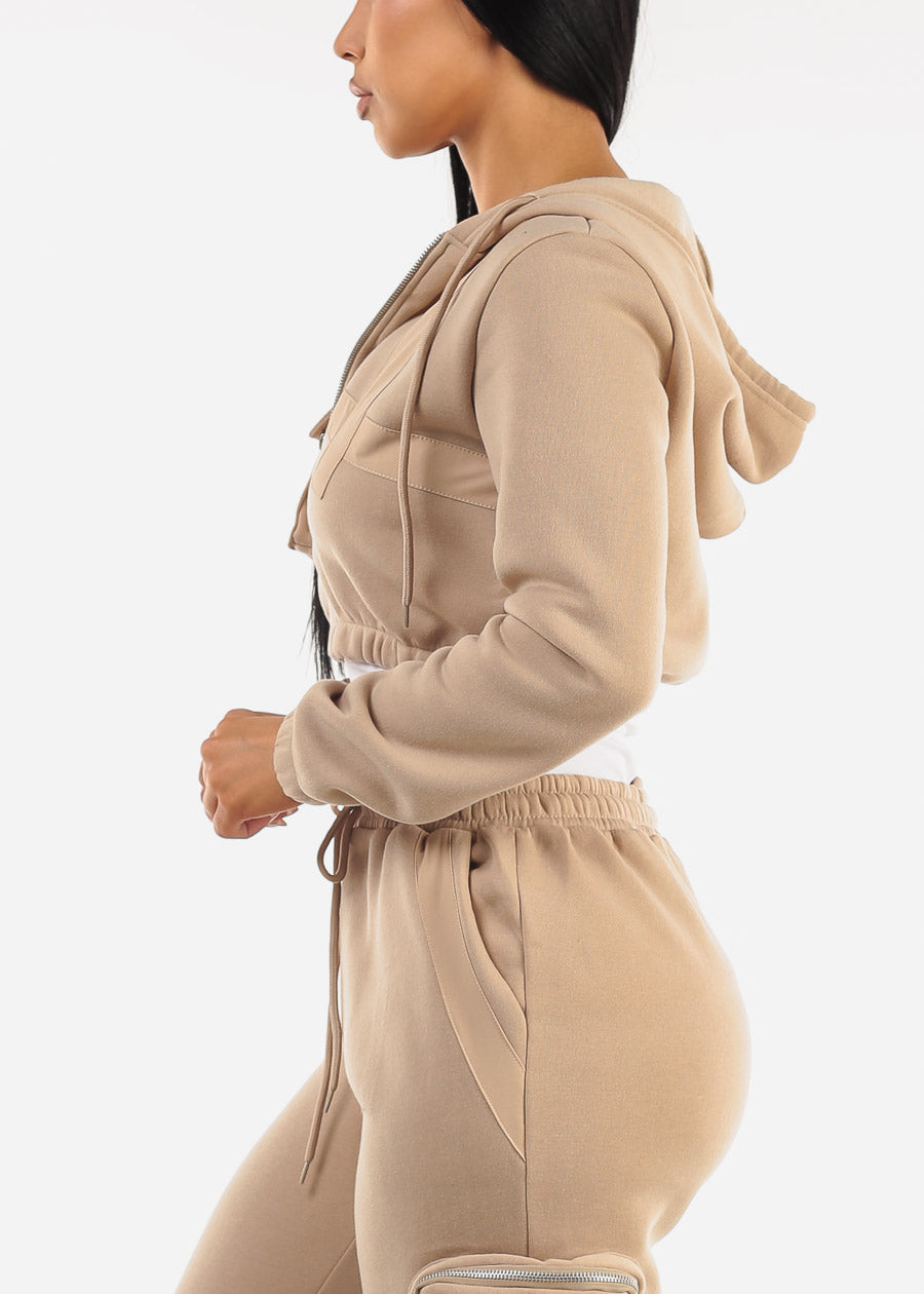 Cropped Zip Up Hoody Beige