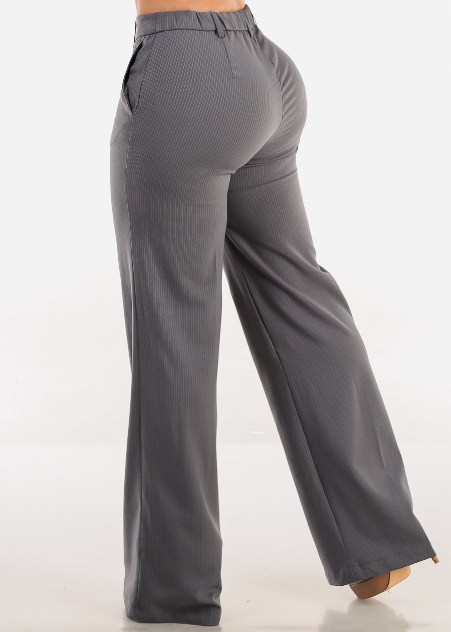 Super High Waist Stripe Straight Dressy Pants Grey