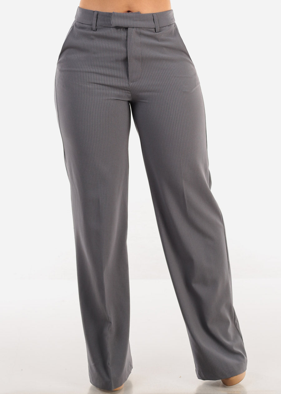 Super High Waist Stripe Straight Dressy Pants Grey