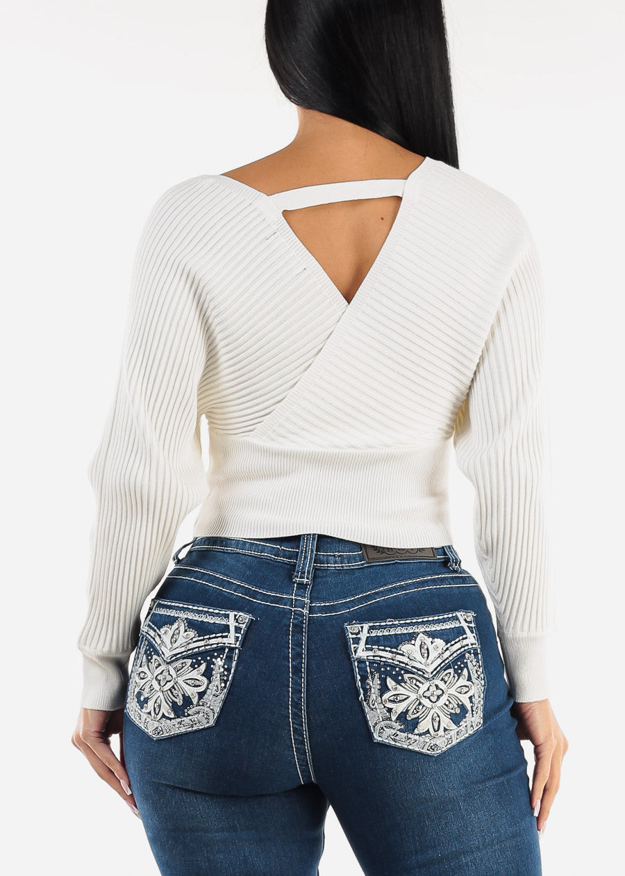 White Long Sleeve Surplice Knit Sweater Top