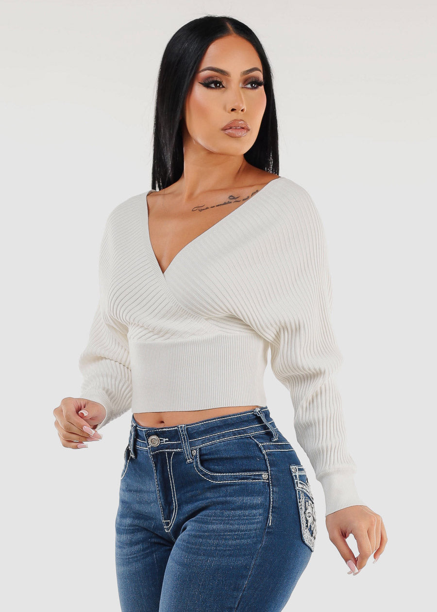 White Long Sleeve Surplice Knit Sweater Top