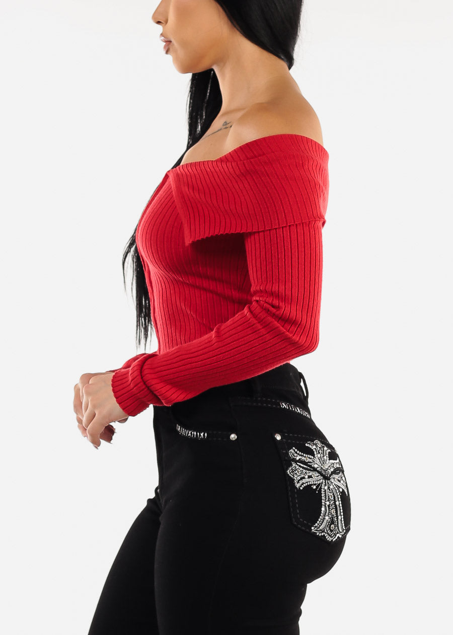 Zip Up Off Shoulder Ribbed Sweater Red