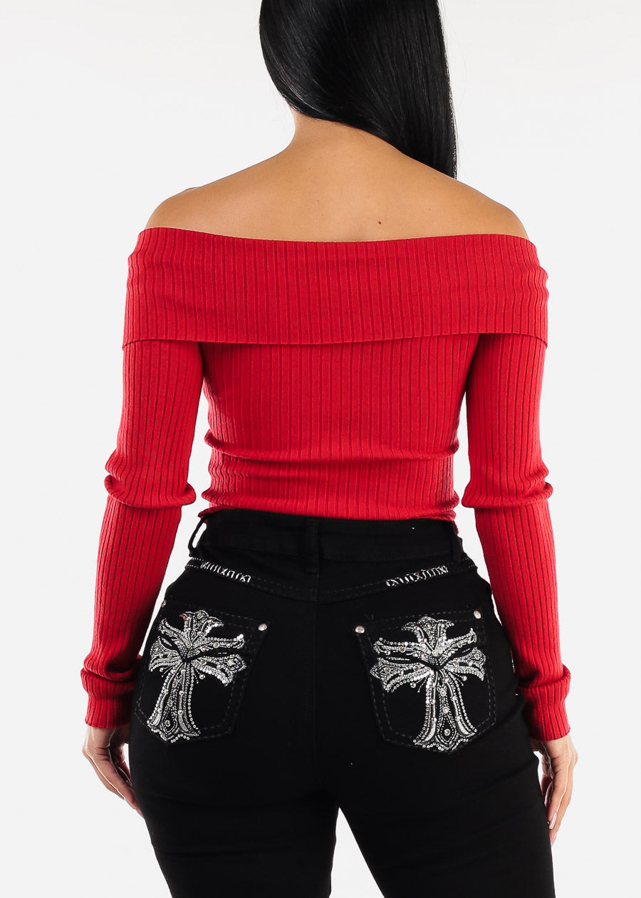 Zip Up Off Shoulder Ribbed Sweater Red