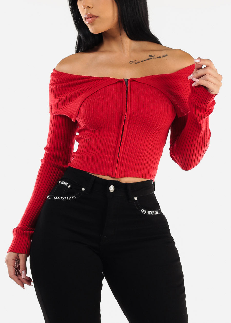 Zip Up Off Shoulder Ribbed Sweater Red