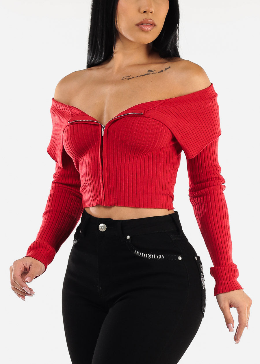 Zip Up Off Shoulder Ribbed Sweater Red