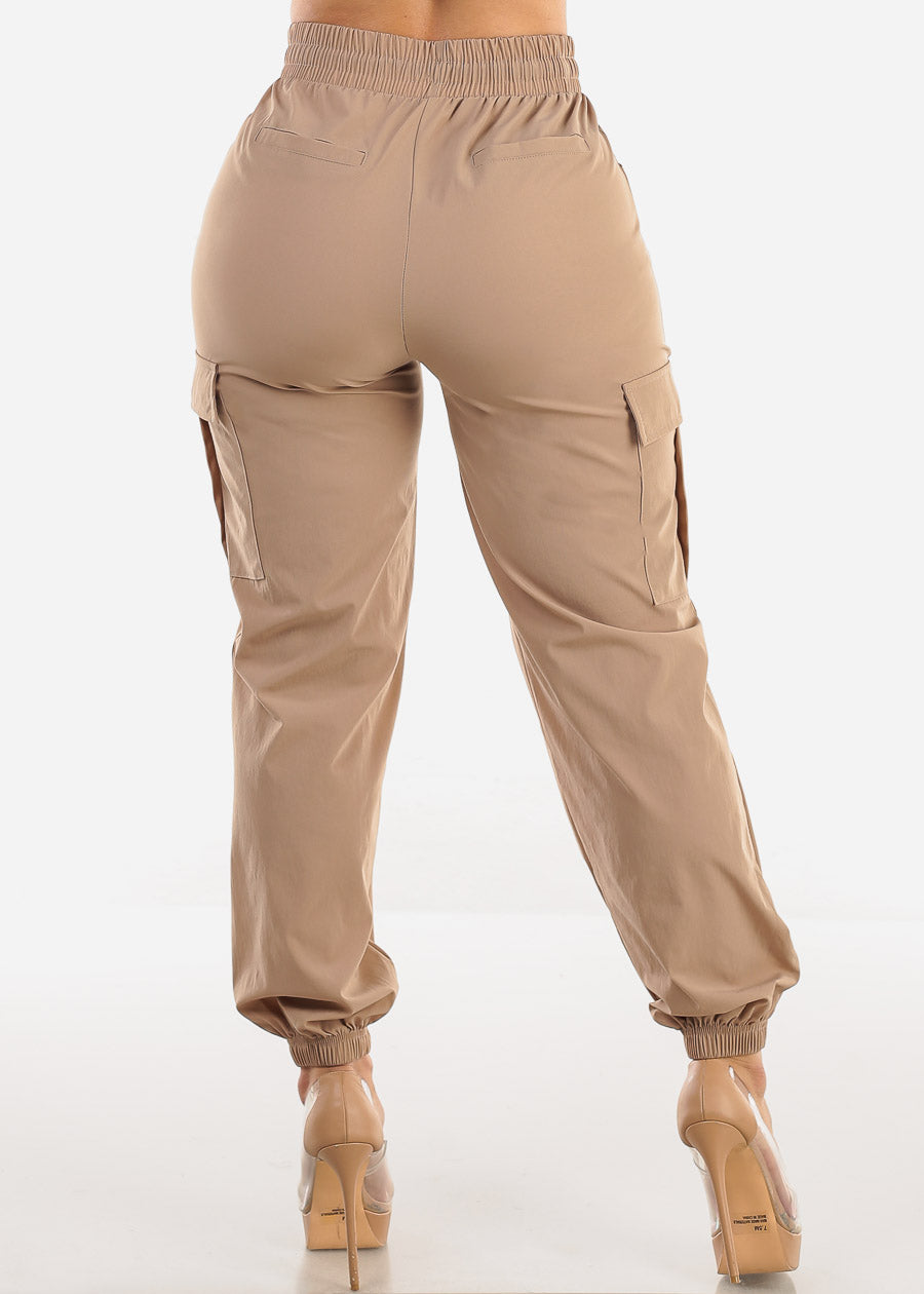 High Waist Drawstring Cargo Jogger Pants Khaki