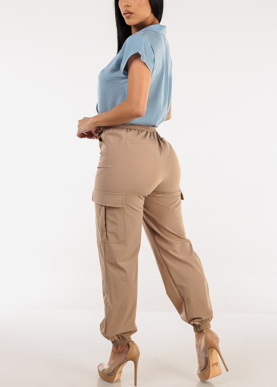 High Waist Drawstring Cargo Jogger Pants Khaki