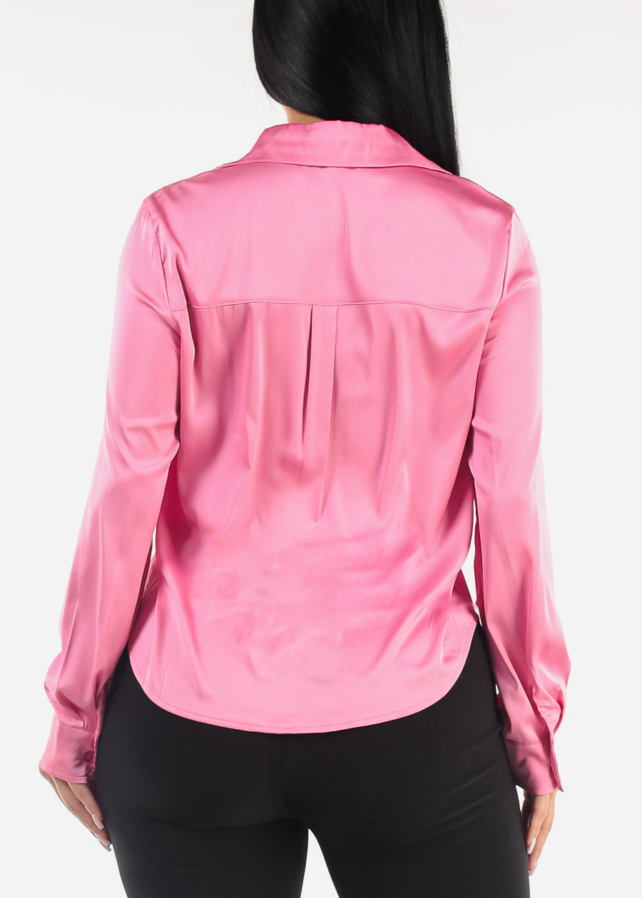 Long Sleeve Half Button Up Satin Blouse Hot Pink