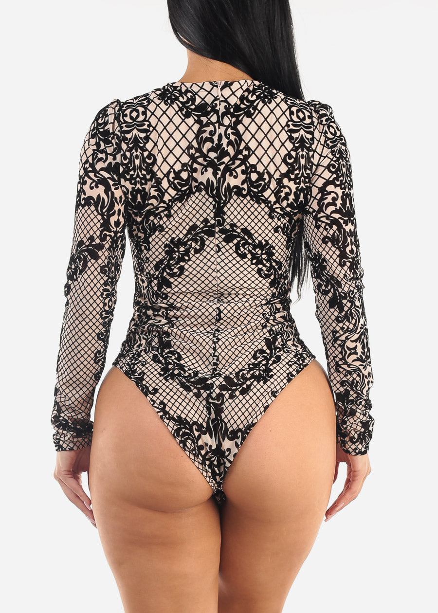 Long Sleeve Floral Burn Out Mesh Bodysuit Black