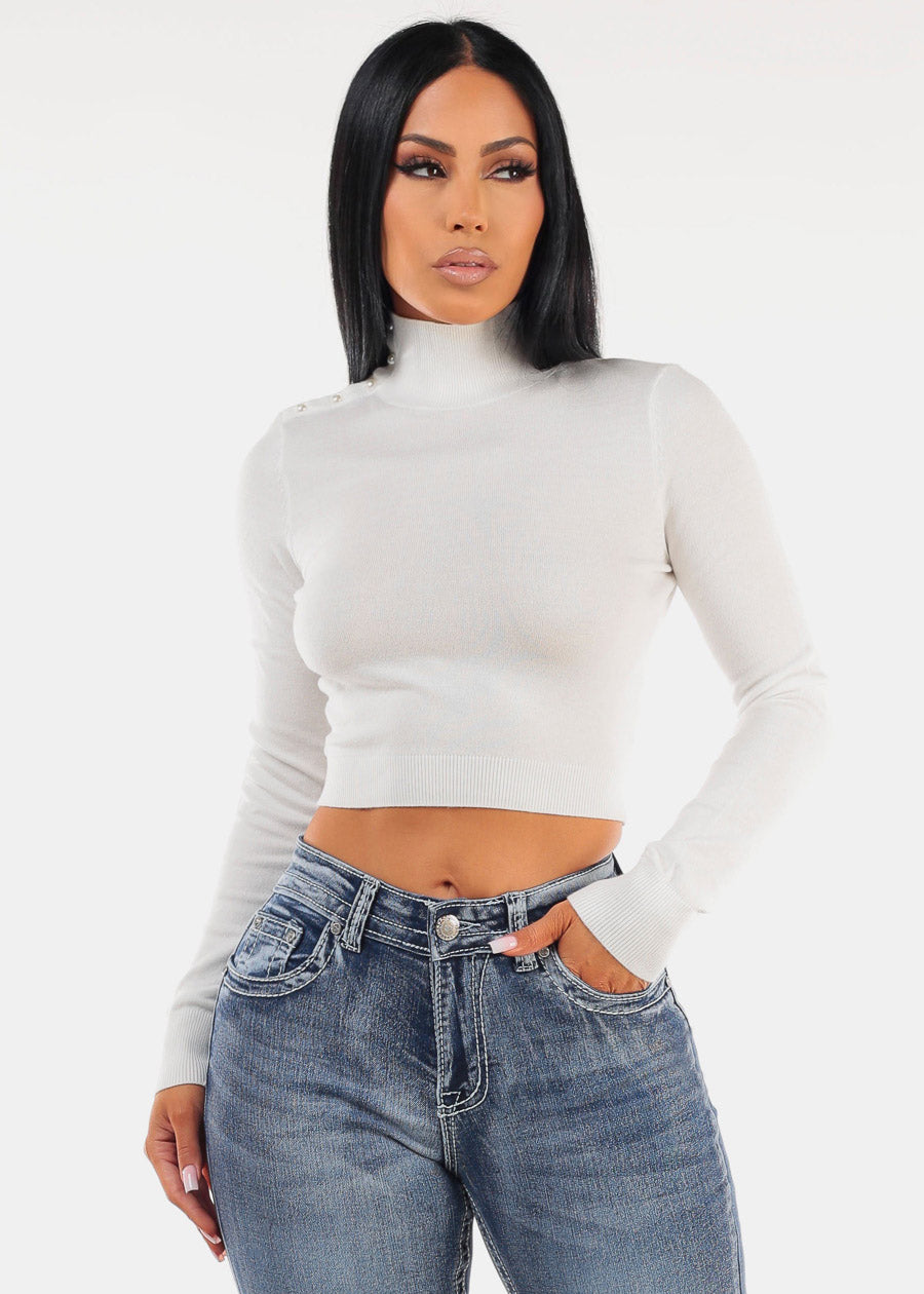 Long Sleeve Mock Neck White Crop Sweater