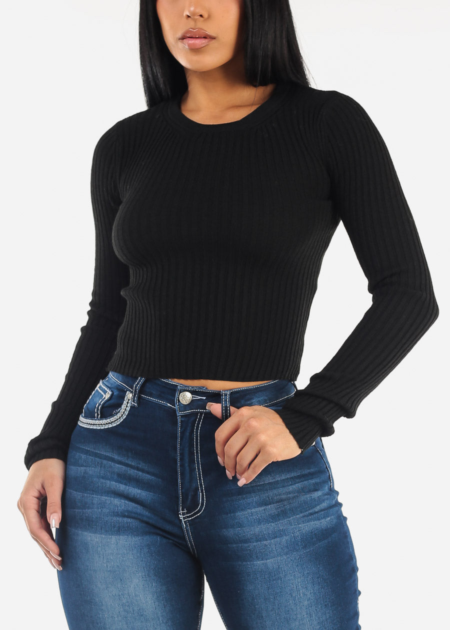 Long Sleeve Black Ribbed Sweater Top