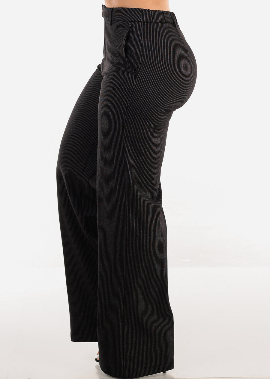 Super High Waist Stripe Straight Dressy Pants Black