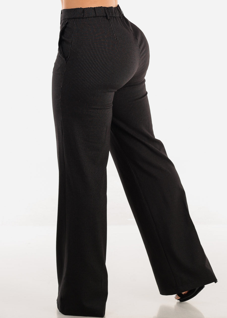 Super High Waist Stripe Straight Dressy Pants Black