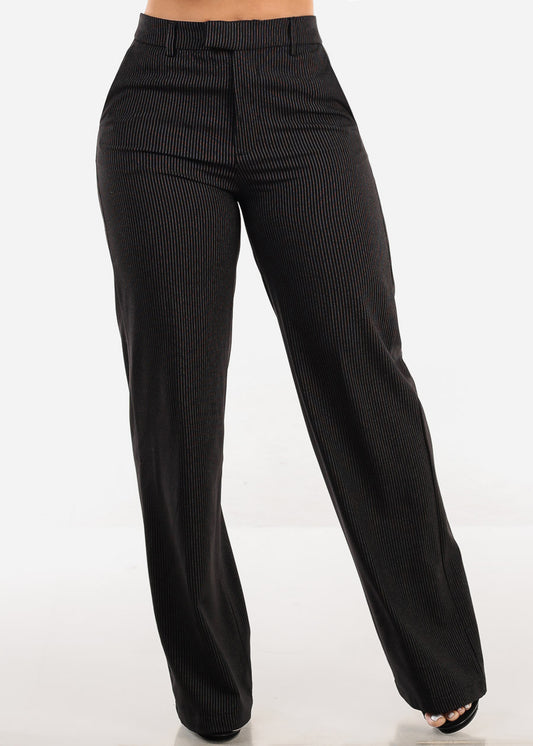 Super High Waist Stripe Straight Dressy Pants Black