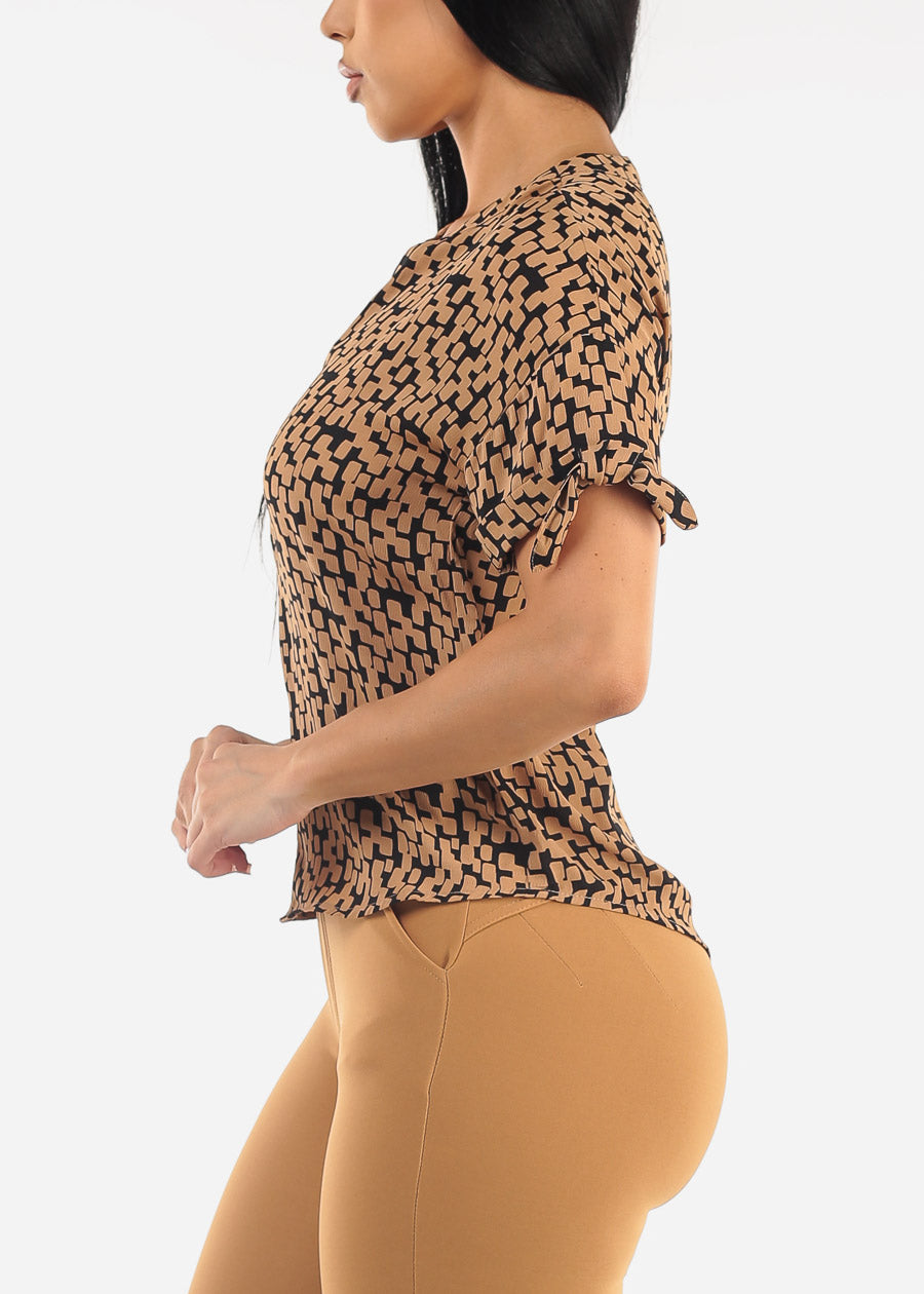 Short Sleeve V-Neck Printed Blouse Camel