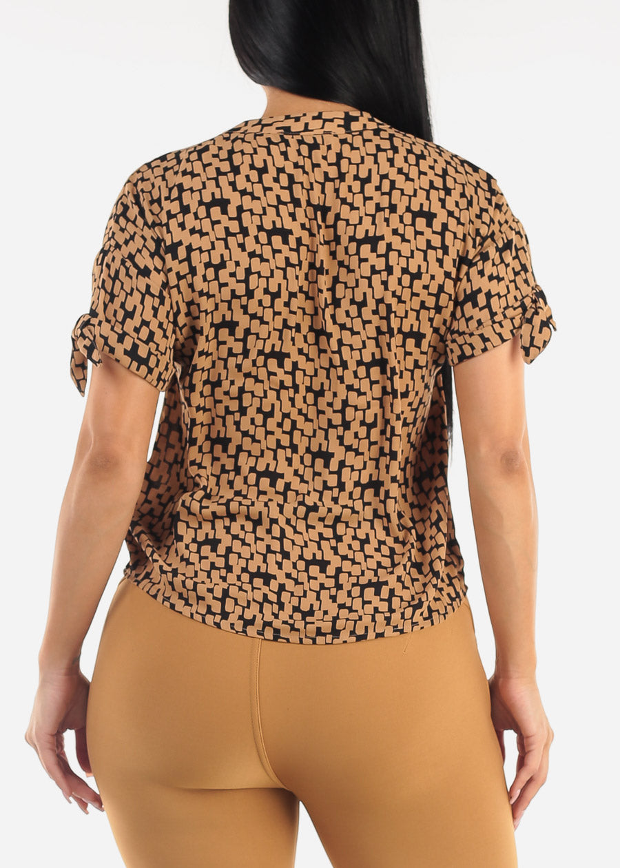 Short Sleeve V-Neck Printed Blouse Camel