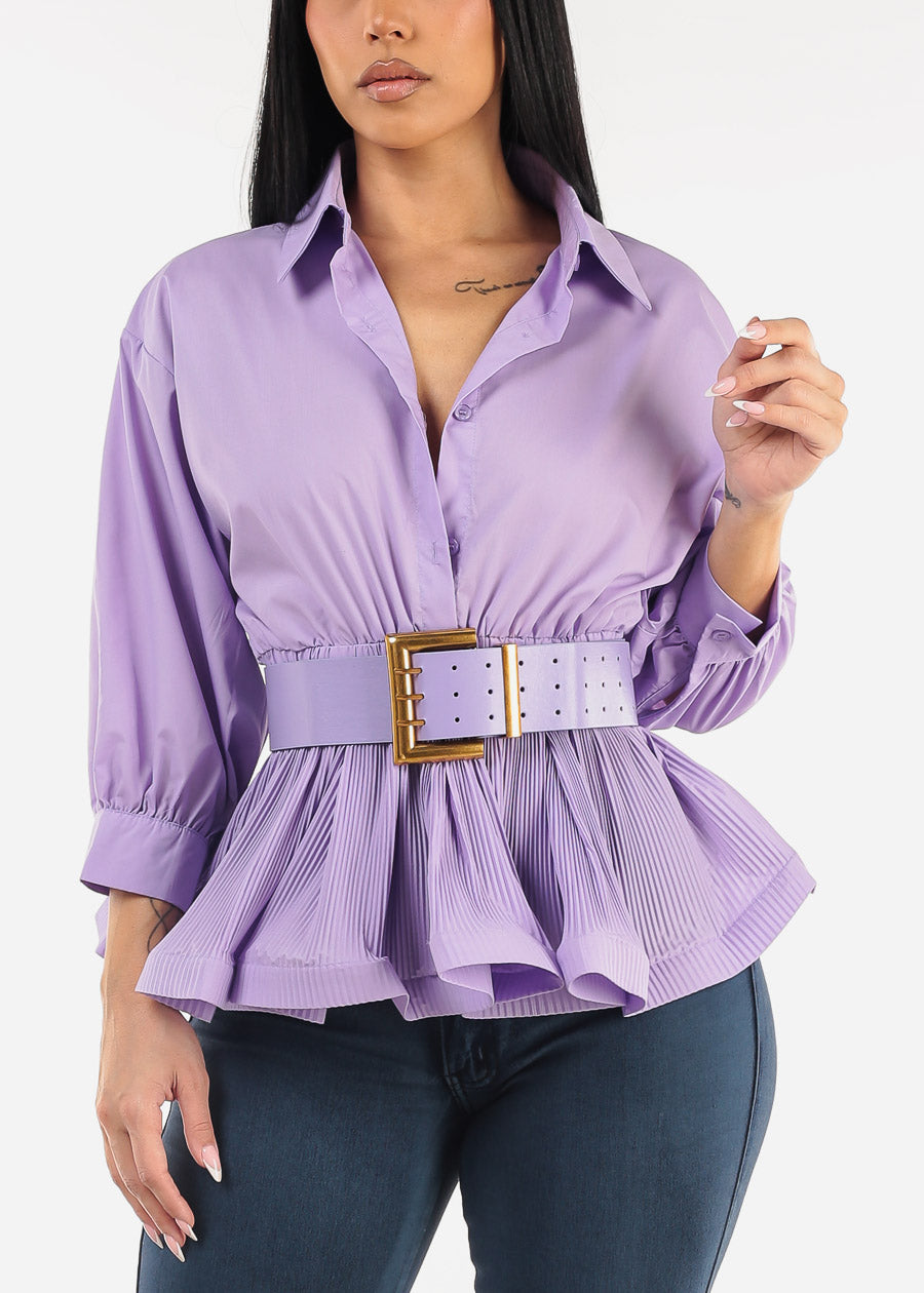 Quarter Sleeve Pleated Peplum Blouse Lilac w Belt