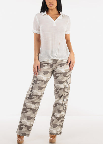 Casual Short Sleeve High Low Collared Top