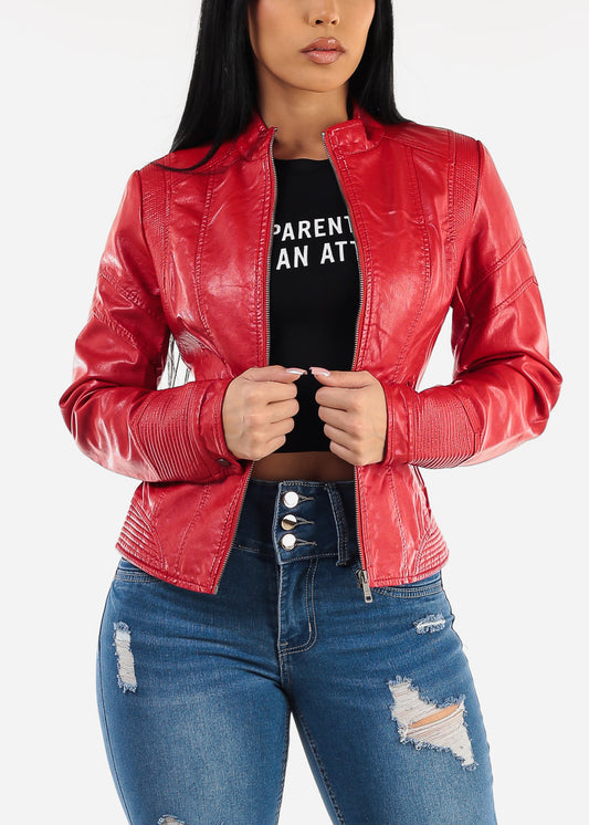 Long Sleeve Zip Up Vegan Leather Jacket Red